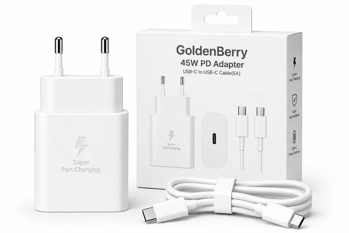 GoldenBerry 45W Universele USB-C Snellader – Super Fast Charging – Power Delivery (PD) 3.0 – PPS – Geschikt voor Samsung, iPhone, iPad & Laptop – USB-C naar USB-C Kabel 1 Meter-Wit