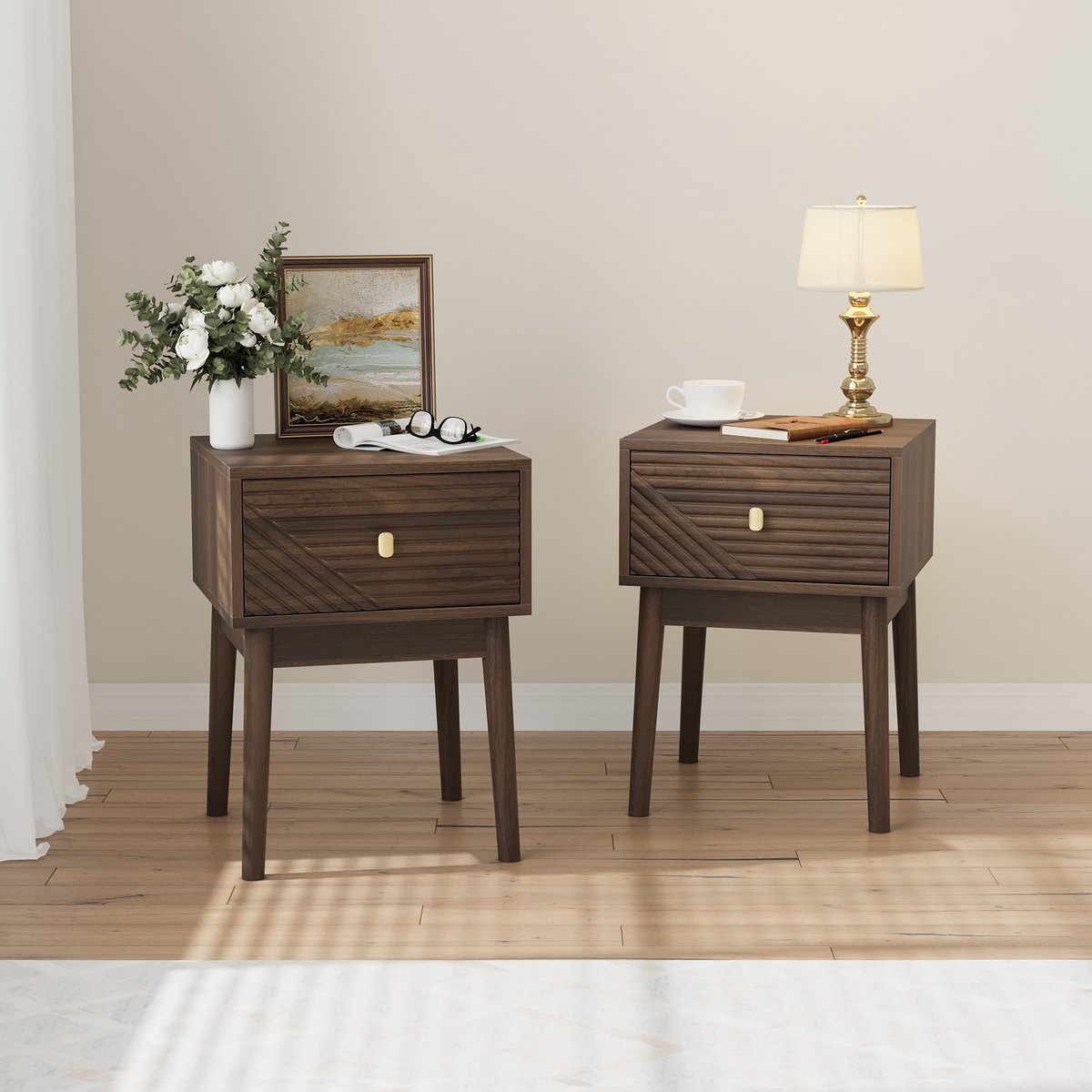 Clruro Nachtkastjes - 40 x 40 x 55 cm - Set van 2 - 2 Laden - MDF en Massief Hout - Walnoot