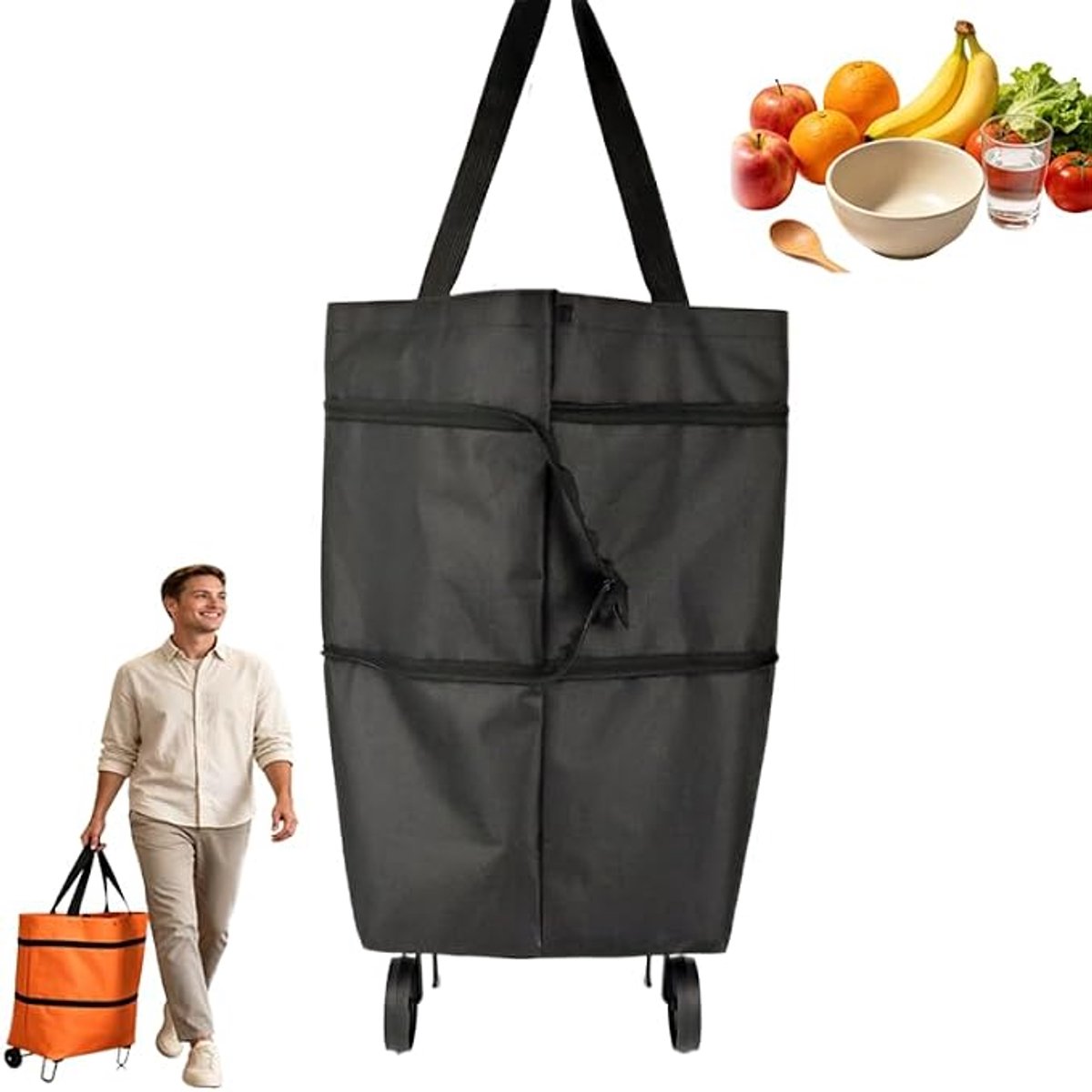 KZQ Boodschappentrolley - 2-in-1 opvouwbare winkelwagen met wielen, stevig en lichtgewicht - Voor supermarkt, boodschappen en reizen -Black
