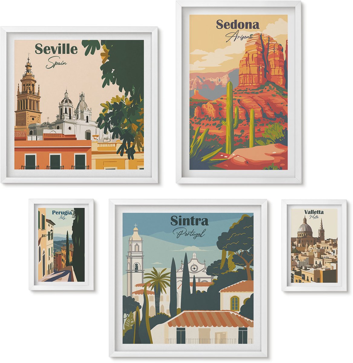 Wallfluent 5-Delige Schilderij Set - Toeristische Landschappen Uit Diverse Steden Over De Hele Wereld - 50 x 50 cm, 20 x 30 cm En 40 x 60 cm - Stijlvolle Wanddecoratie - Interieur - Stijlvolle Muurdecoratie