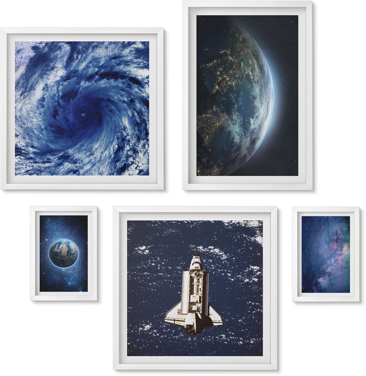 Wallfluent 5-Delige Schilderij Set - Ruimtelandschappen: Uitzichten Op De Aarde En De Ruimte. - 50 x 50 cm, 20 x 30 cm En 40 x 60 cm - Decoratieve Schilderijen - Wanddecoratie - Hal - Woonkamer Decoratie