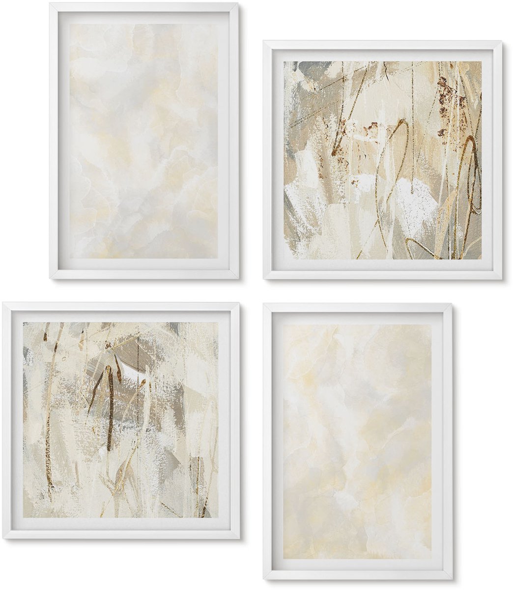 Wallfluent 4-Delige Schilderij Set - Heldere Texturen, Penseelstreken En Design. - 40 x 40 En 40 x 60 - Stijlvolle Muurdecoratie - Slaapkamer - Wanddecoratie