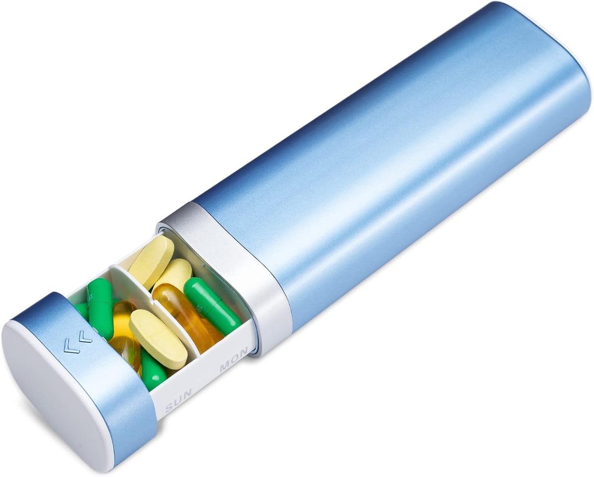 Leuk pillendoosje voor 7 dagen, ideaal voor op reis, geschikt voor het bewaren van vitamines, medicijnen en supplementen (blauw).