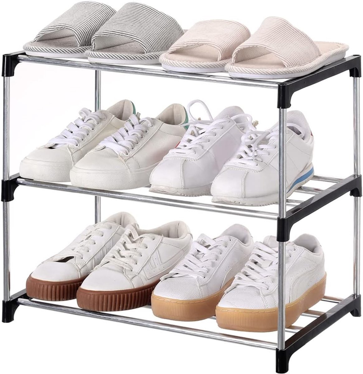 Schoenenrek deur - Zwart - 3-Tier - Kunststof en Gegalvaniseerde Buis - Ruimtebesparend Schoenenrek voor Entree en Hal
