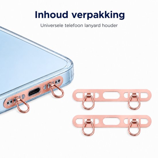 Verpakking van de universele telefoon lanyard houder, met twee rosé gouden adapters met dubbele ringen.