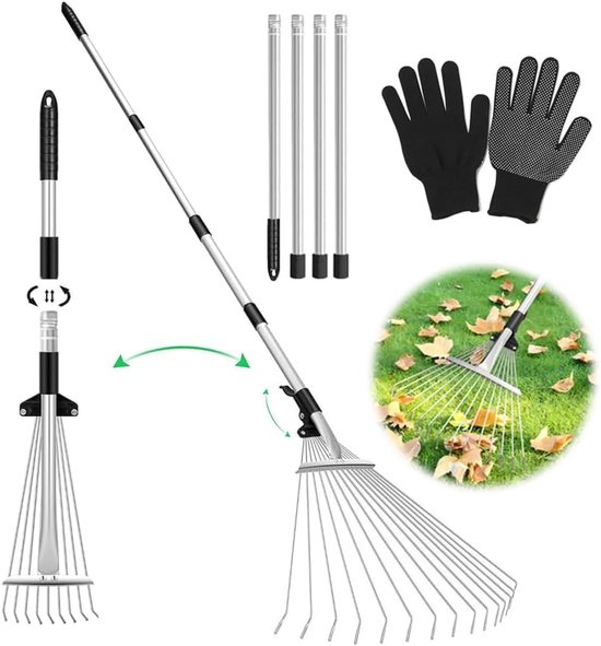 Telescopische Tuinhark Met Roestvrijstalen Kop Met 15 Tanden - Verstelbaar 37-207 cm Anti-Vervorming Roestbestendig - Lichtgewicht Tuingereedschap Voor Bladeren En Gazononderhoud — afbeelding 2