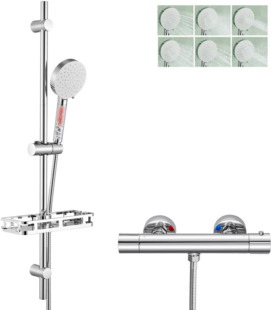 Auralum Max Glijstangset met Thermostaatkraan - Douchekop met 4 Filters - 90 cm Glijstang Doucheset - Inclusief doucheplank - 6 Standen Handdouche - Hoge Druk - Anti-Kalk Douchekop - Doucheslang 150 cm - Waterbesparend - Chroom&Wit
