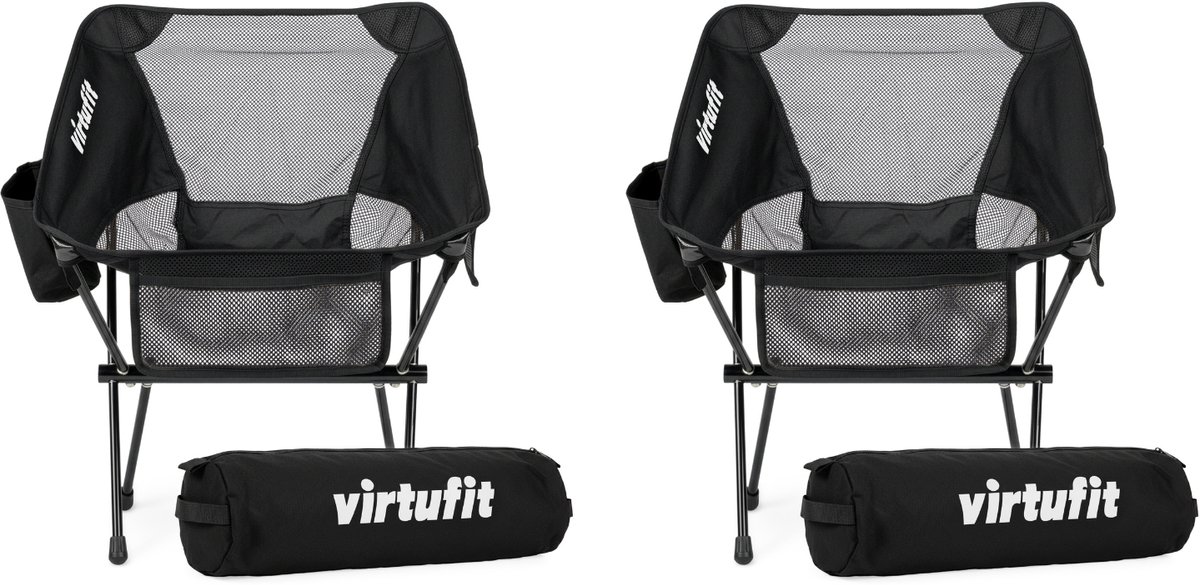 VirtuFit Camping Stoel Compact - Set van 2 - Strandstoel met Armsteunen - Zwart - Inklapbaar - Inclusief Draagtassen - Voor Festivals, Campings & Stranden