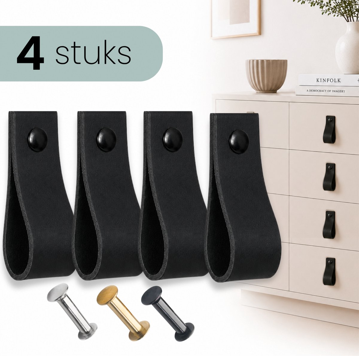HOYA living - Leren lusjes - Zwart - 4 stuks - 3 kleuren schroeven - 100% leer