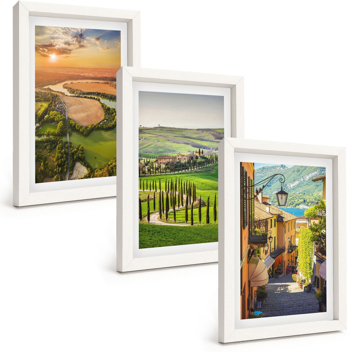 Tulup 3-Delige Schilderij Set - Italiaanse landschappen met een rivier, heuvels en een stadsstraat - 20x30 - Muurdecoratie - Decoratieve Schilderijen - Wohnzimmer - Stijlvolle Muurdecoratie