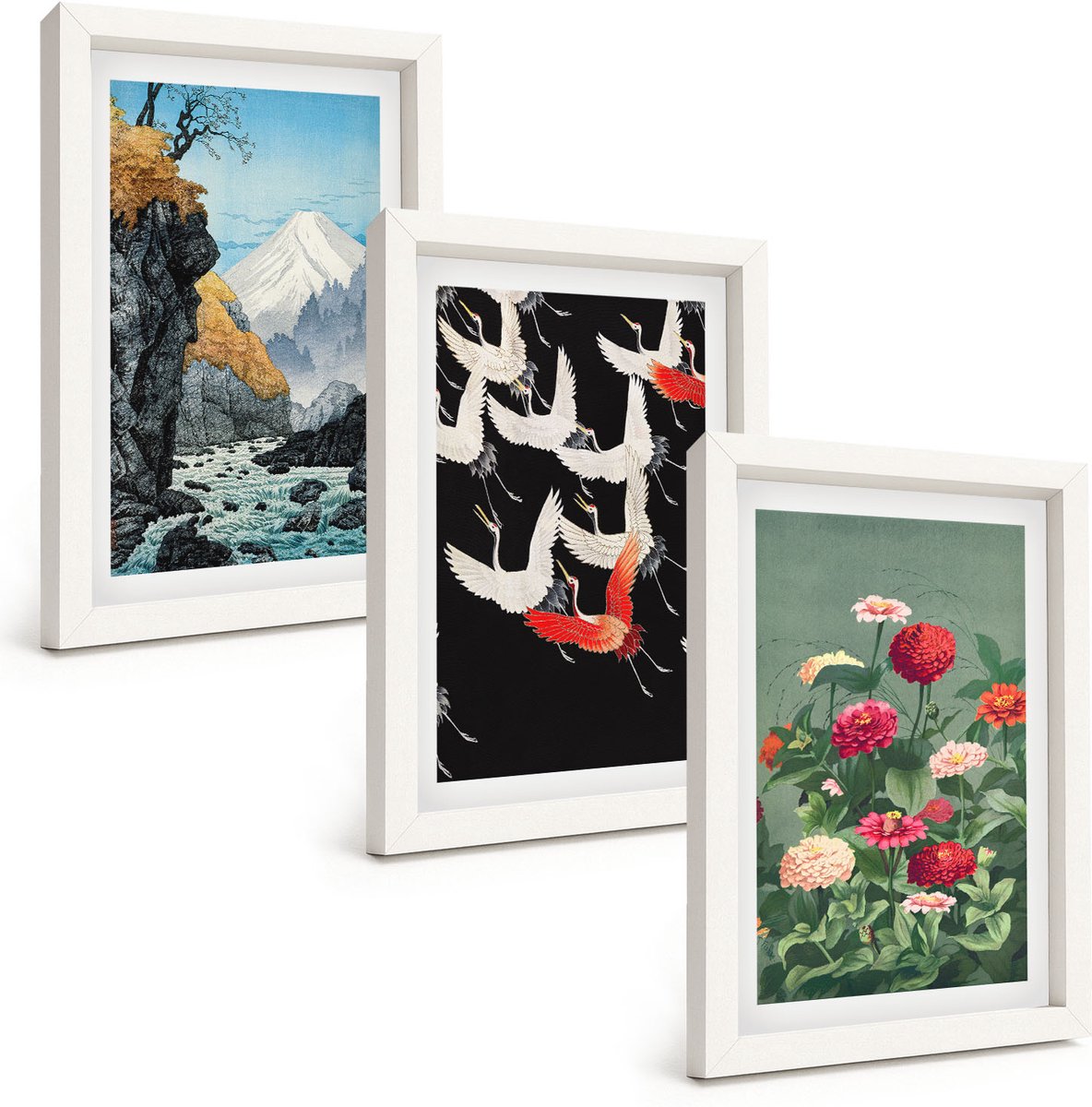 Tulup 3-Delige Schilderij Set - Bergen met een waterval, vogels in vlucht en kleurrijke bloemen - 20x30 - Wanddecoratie - Moderne Interieurdecoratie - Moderne Wanddecoratie