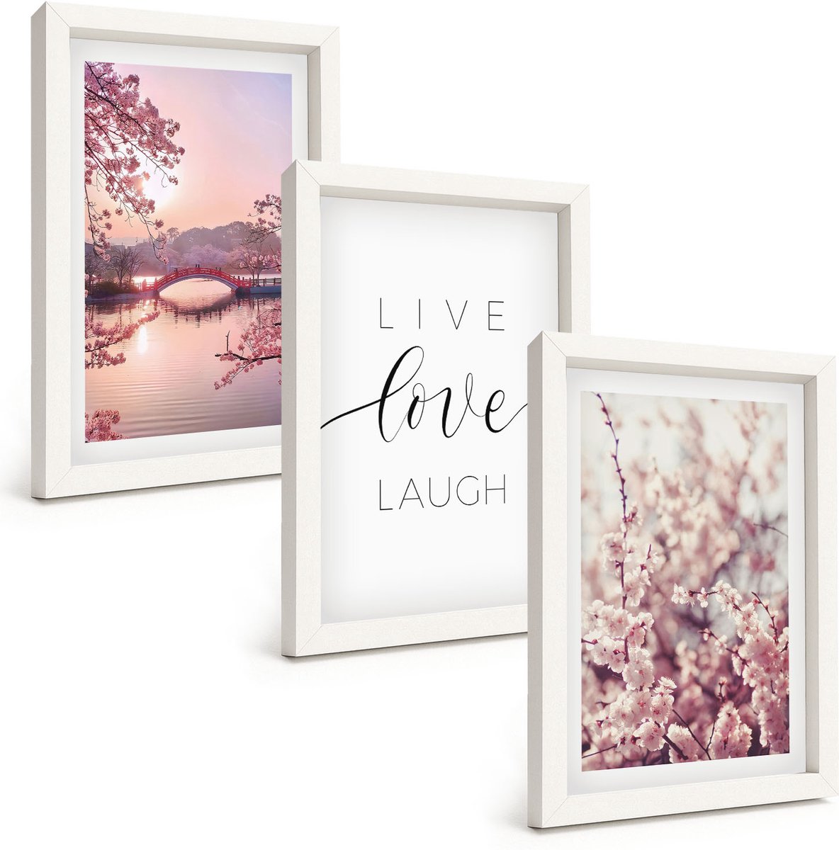Tulup 3-Delige Schilderij Set - Bloemmotieven met een brug en een inscriptie - 20x30 - Decoratieve Muurdecoratie - Slaapkamer - Decoratieve Schilderijen