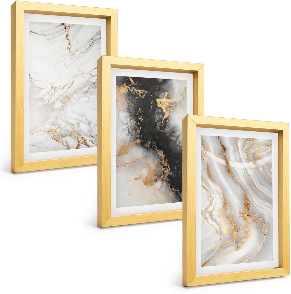 TULUP 4-Delige Schilderij Set - Abstracte patronen in zwart-wit tinten - 20 x 30 cm - Decoratieve Schilderijen - Wanddecoratie - Hal Gouden lijst