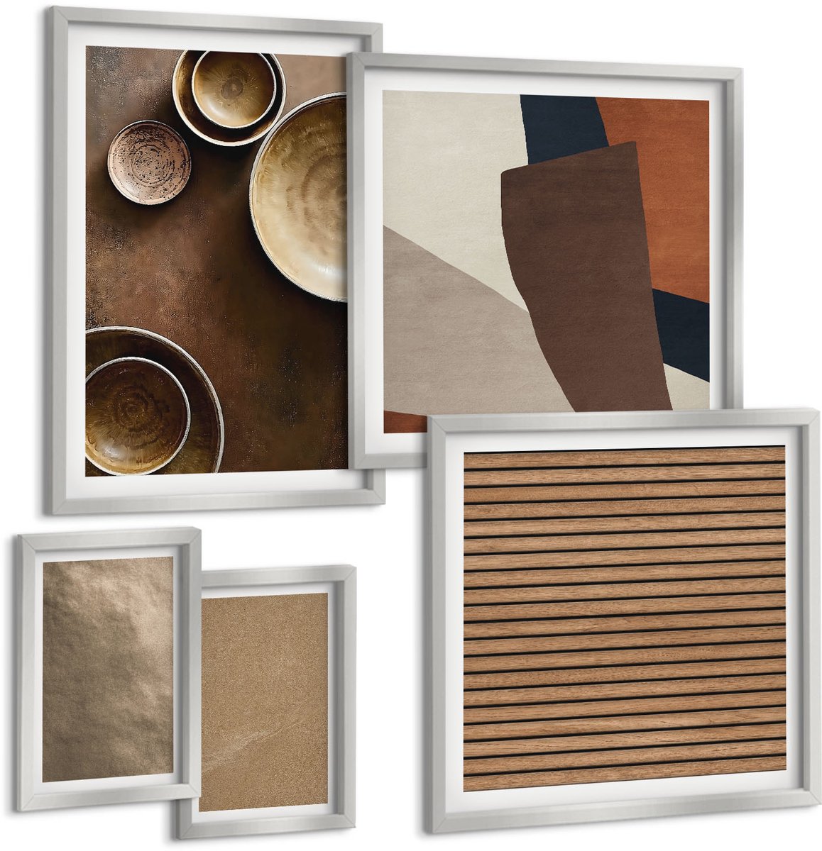 TULUP 4-Delige Schilderij Set - Stenen constructies in moderne minimalistische stijl - 50 x 50 cm, 20 x 30 cm en 40 x 60 cm - Moderne Wanddecoratie - Slaapkamer - Interieur Decoratie Zilveren lijst