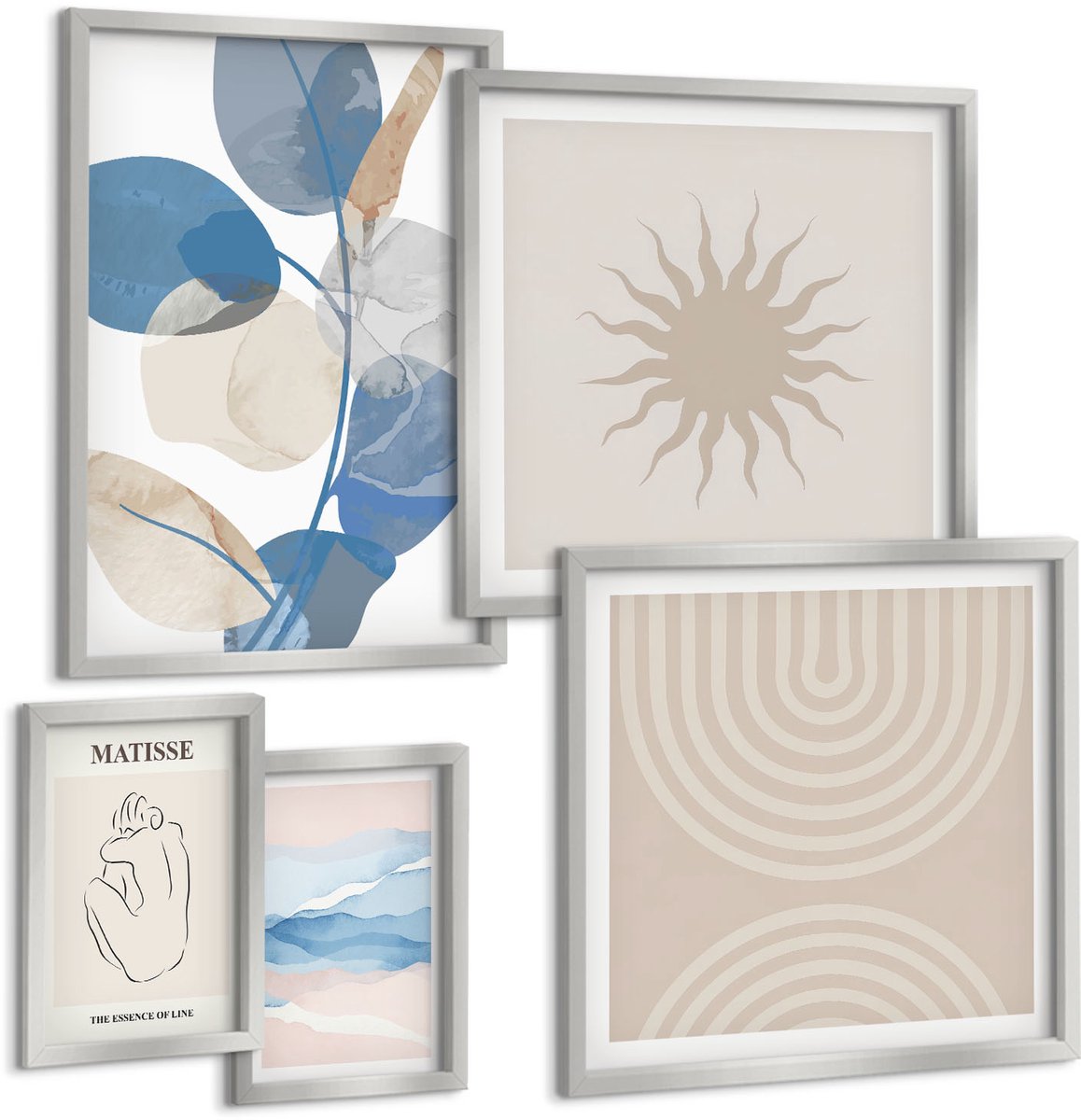 TULUP 4-Delige Schilderij Set - Stijlvolle abstracte composities met plantenaccenten - 50 x 50 cm, 20 x 30 cm en 40 x 60 cm - Stijlvolle Muurdecoratie - Slaapkamer - Interieur Decoratie Zilveren lijst
