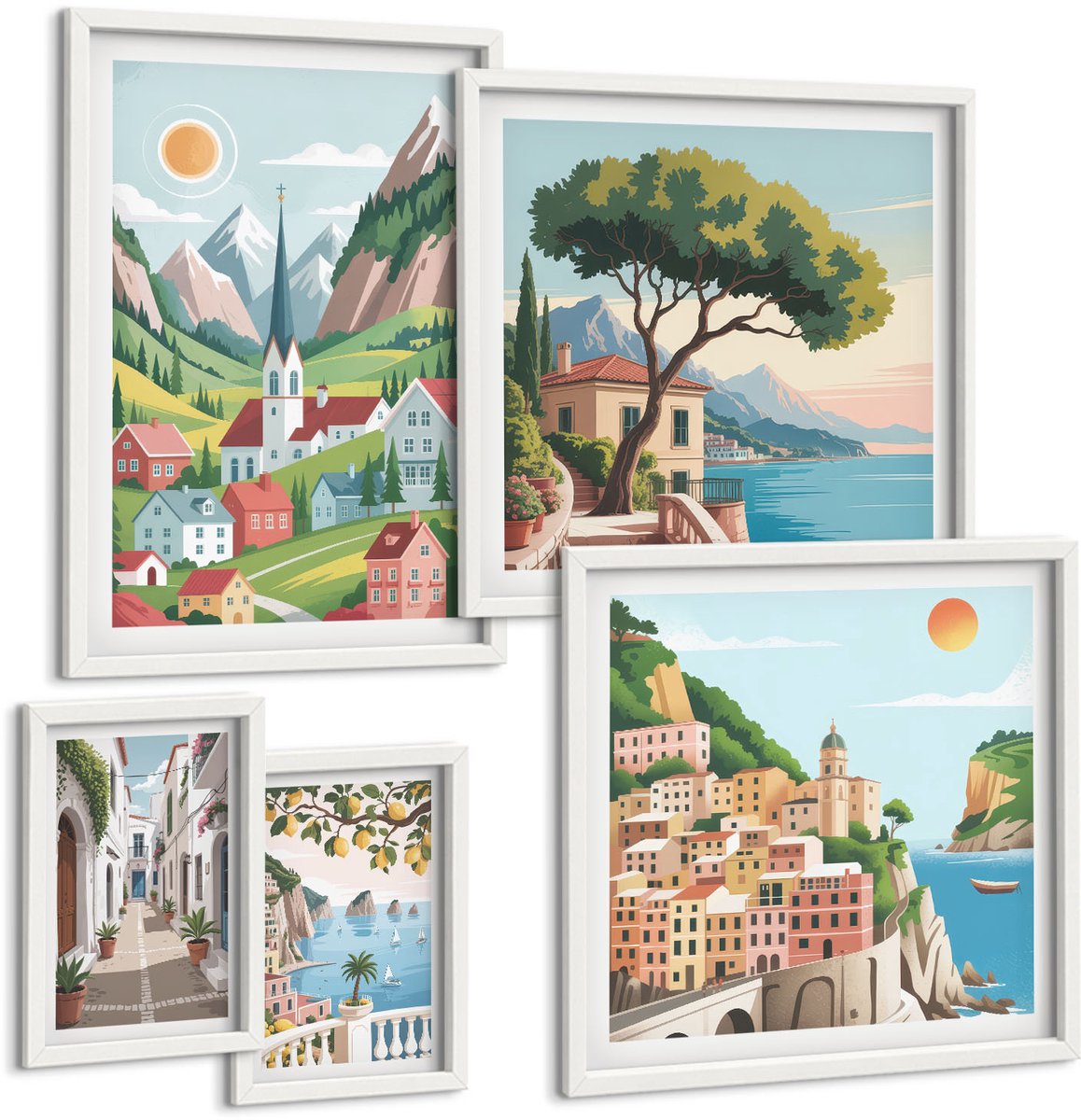 Tulup 4-Delige Schilderij Set - Charmante berglandschappen en kustplaatsen - 50 x 50 cm, 20 x 30 cm en 40 x 60 cm - Decoratieve Muurdecoratie - Slaapkamer - Moderne Wanddecoratie