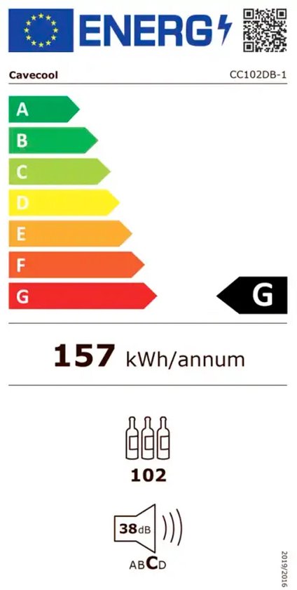 Energie-etiket voor Cavecool CC102DB-1, klasse G, verbruik 157 kWh per jaar.