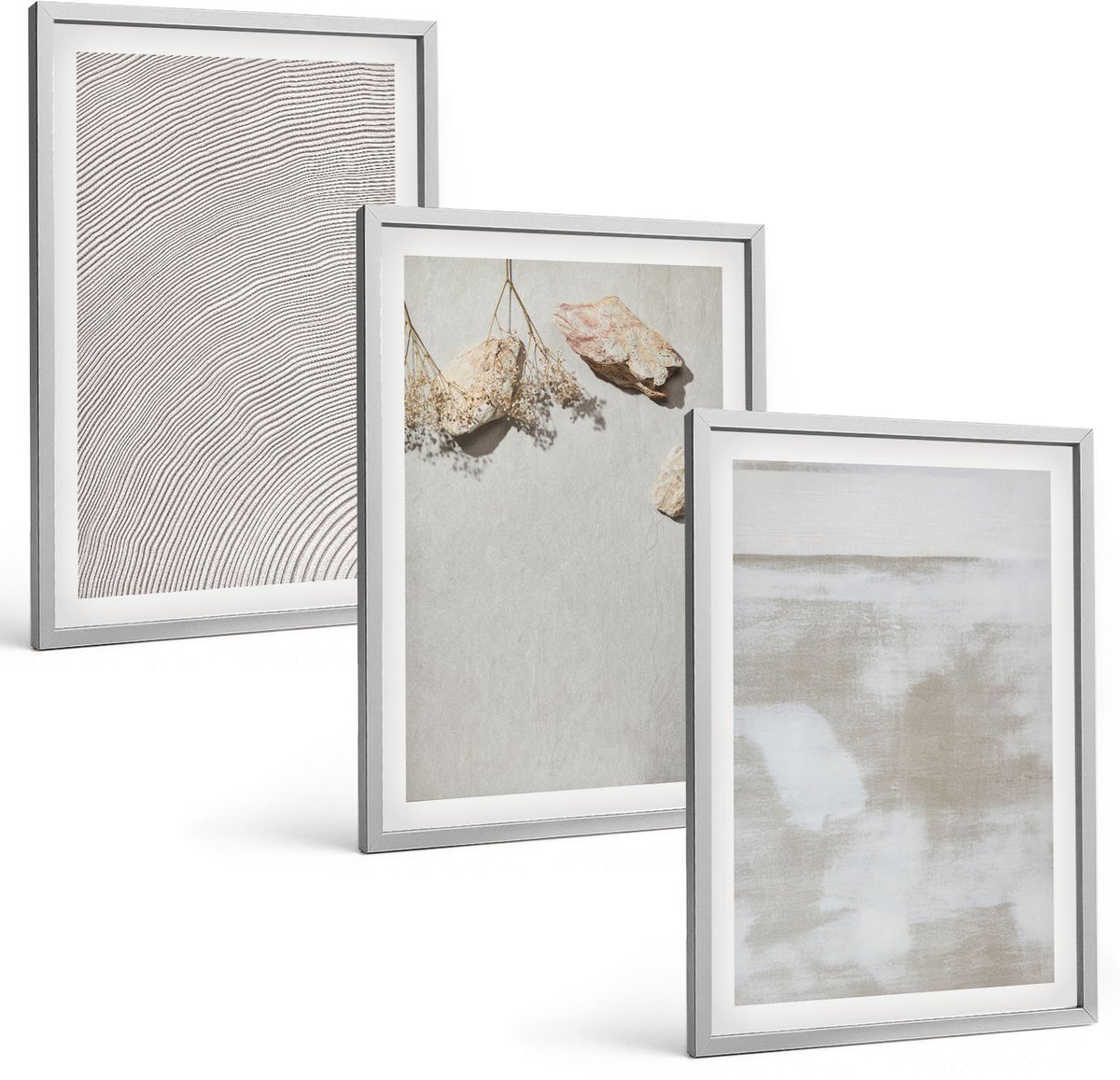 TULUP 4-Delige Schilderij Set - Zandstenen en een verweerde textuur in boho-stijl - 40 x 60 cm - Muurdecoratie - Decoratieve Schilderijen - Wohnzimmer - Stijlvolle Muurdecoratie Zilveren lijst