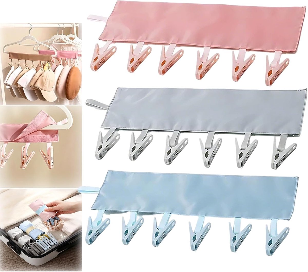 3 stuks Wasdroger with 6 Clips - Sokkendroger - Camping Wasdroger - Opvouwbare cliphangers - voor sokken, beha's, lingerie, kleding - kunststof - 34x16cm