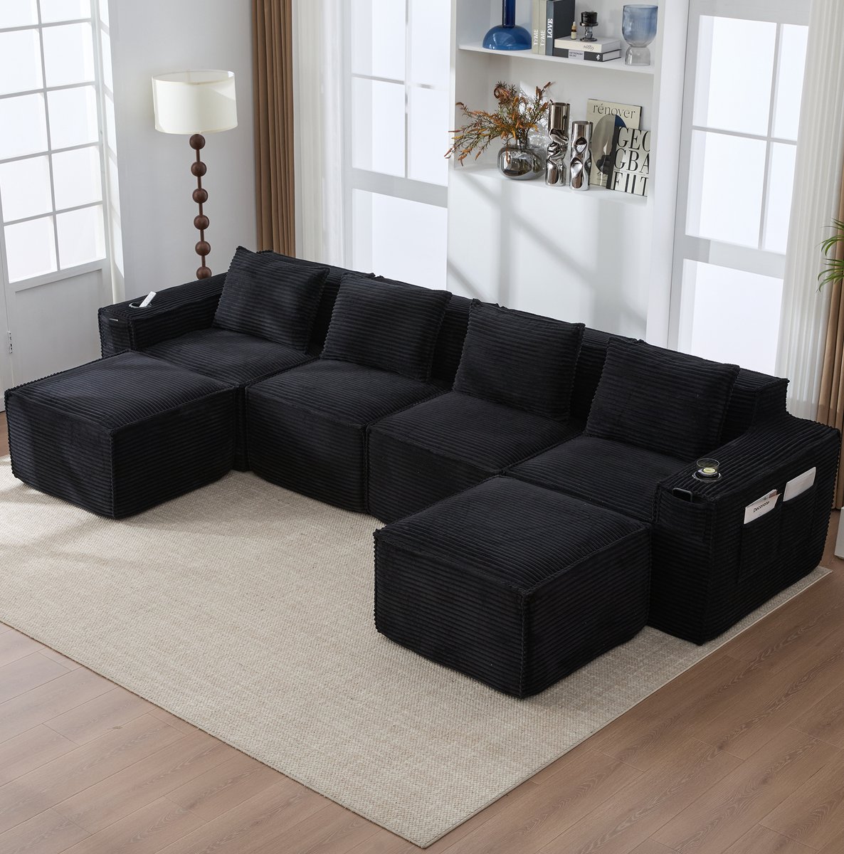 MODENUIT Hoekbank 330 x 162 x 75 cm - 4-Zits Modulaire Opstelling Met Bekerhouders En Zijvakken - Corduroy - Zwart