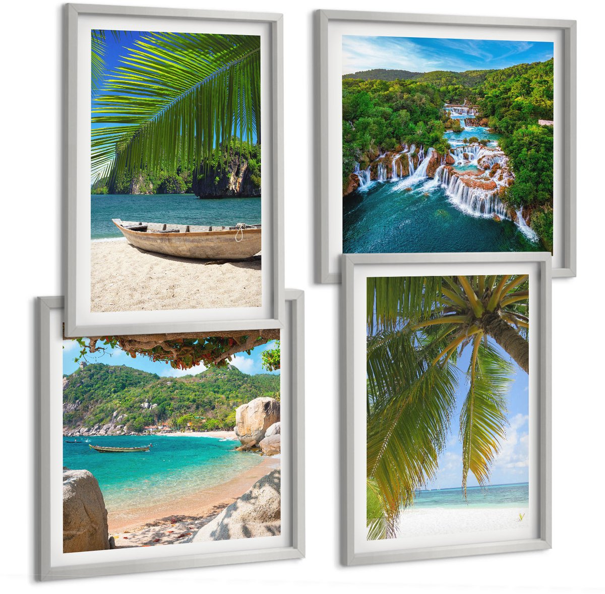 TULUP 4-Delige Schilderij Set - Strand met boten, watervallen en palmbomen in de tropen - 40 x 40 cm en 40 x 60 cm - Muurdecoratie - Wanddecoratie - Hal - Stijlvolle Muurdecoratie Zilveren lijst