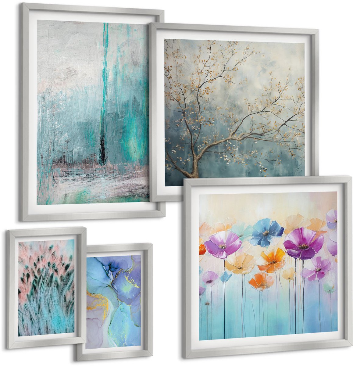TULUP 4-Delige Schilderij Set - Abstracte landschappen met bloemen en delicate motieven - 50 x 50 cm, 20 x 30 cm en 40 x 60 cm - Schilderijen Set - Wanddecoratie - Woonkamer - Muurdecoratie Zilveren lijst