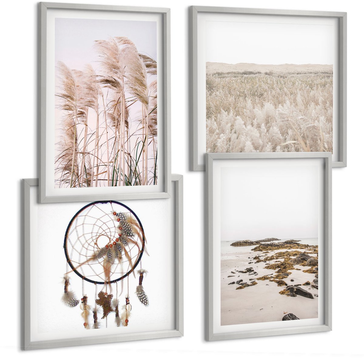 TULUP 4-Delige Schilderij Set - Pampasgrasvelden, strand, dromenvanger, boho-stijl - 40 x 40 cm en 40 x 60 cm - Decoratieve Schilderijen - Woonkamer - Interieur - Wanddecoratie Zilveren lijst