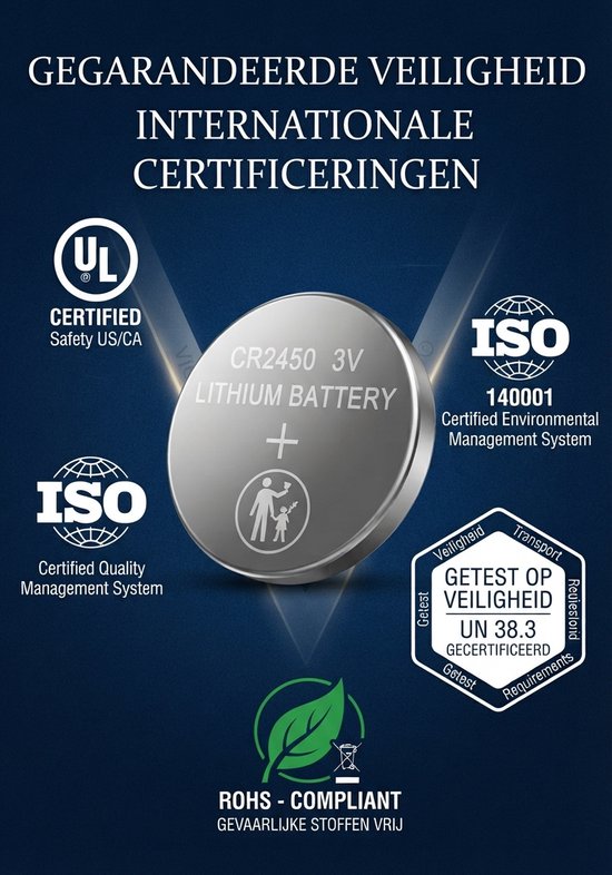CR2450 3V lithium batterij met UL en ISO certificeringen voor kwaliteit en milieu.