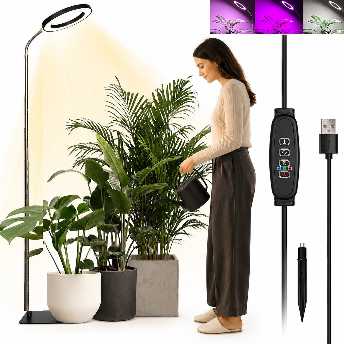 Lapamax Groeilamp Planten 2-in-1 72 LEDs-Kweeklamp LED Full Spectrum met 16 cm Ring - Staande Plantenlamp met Voet & Aardpin-Hoogte Verstelbaar 25-155 cm-10 Helderheidsstanden&Timer-Growlight voor Kantoor,Kruiden,Woonkamer-Zwart-met EU Adapter
