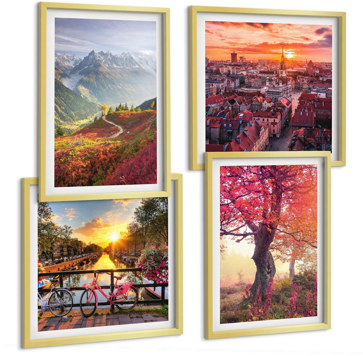 TULUP 4-Delige Schilderij Set - Berglandschappen met een fiets en een herfstboom - 40 x 40 cm en 40 x 60 cm - Muurdecoratie - Wanddecoratie - Hal - Stijlvolle Muurdecoratie Gouden lijst