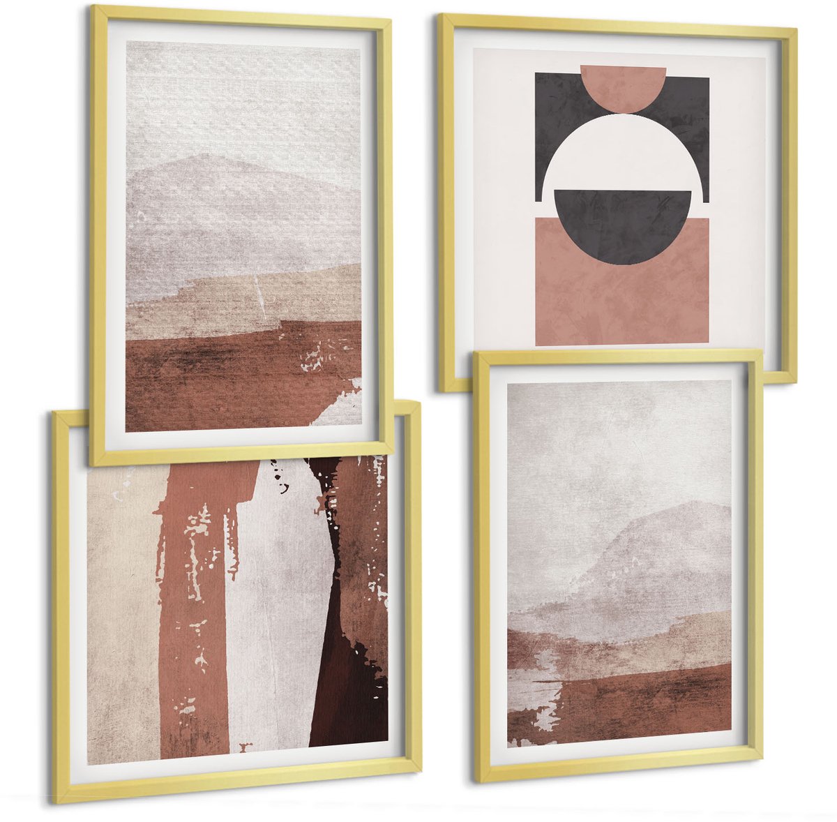 TULUP 4-Delige Schilderij Set - Abstracte patronen in bruine en beige tinten. - 40 x 40 cm en 40 x 60 cm - Muurdecoratie - Wanddecoratie - Slaapkamer Gouden lijst