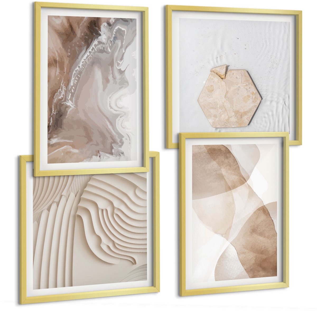 TULUP 4-Delige Schilderij Set - Abstracte vormen, geschilderde structuren in pastelkleuren. - 40 x 40 cm en 40 x 60 cm - Muurdecoratie - Schilderijen Set - Woonkamer - Wanddecoratie Gouden lijst