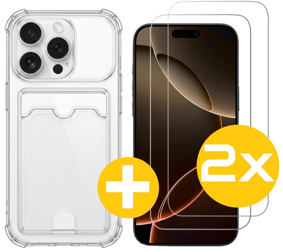 Pashouder Hoesje en Screenprotector Combi Geschikt Voor iPhone 16 Pro Max - Pasjeshouder + 2x Screenprotector
