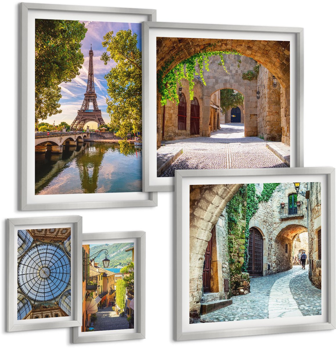TULUP 4-Delige Schilderij Set - Betoverende uitzichten op Europese steden en architectuur - 50 x 50 cm, 20 x 30 cm en 40 x 60 cm - Stijlvolle Muurdecoratie - Kantoor - Wanddecoratie Zilveren lijst