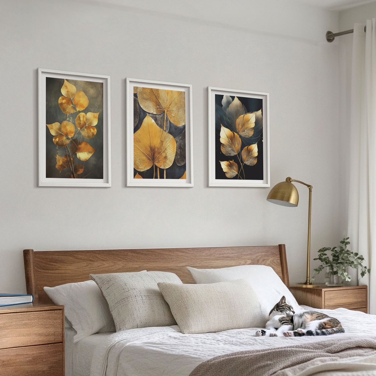 Tulup 3-Delige Schilderij Set - Bladeren in verschillende tinten geel op een donkere achtergrond - 40x60 - Wanddecoratie - Moderne Interieurdecoratie