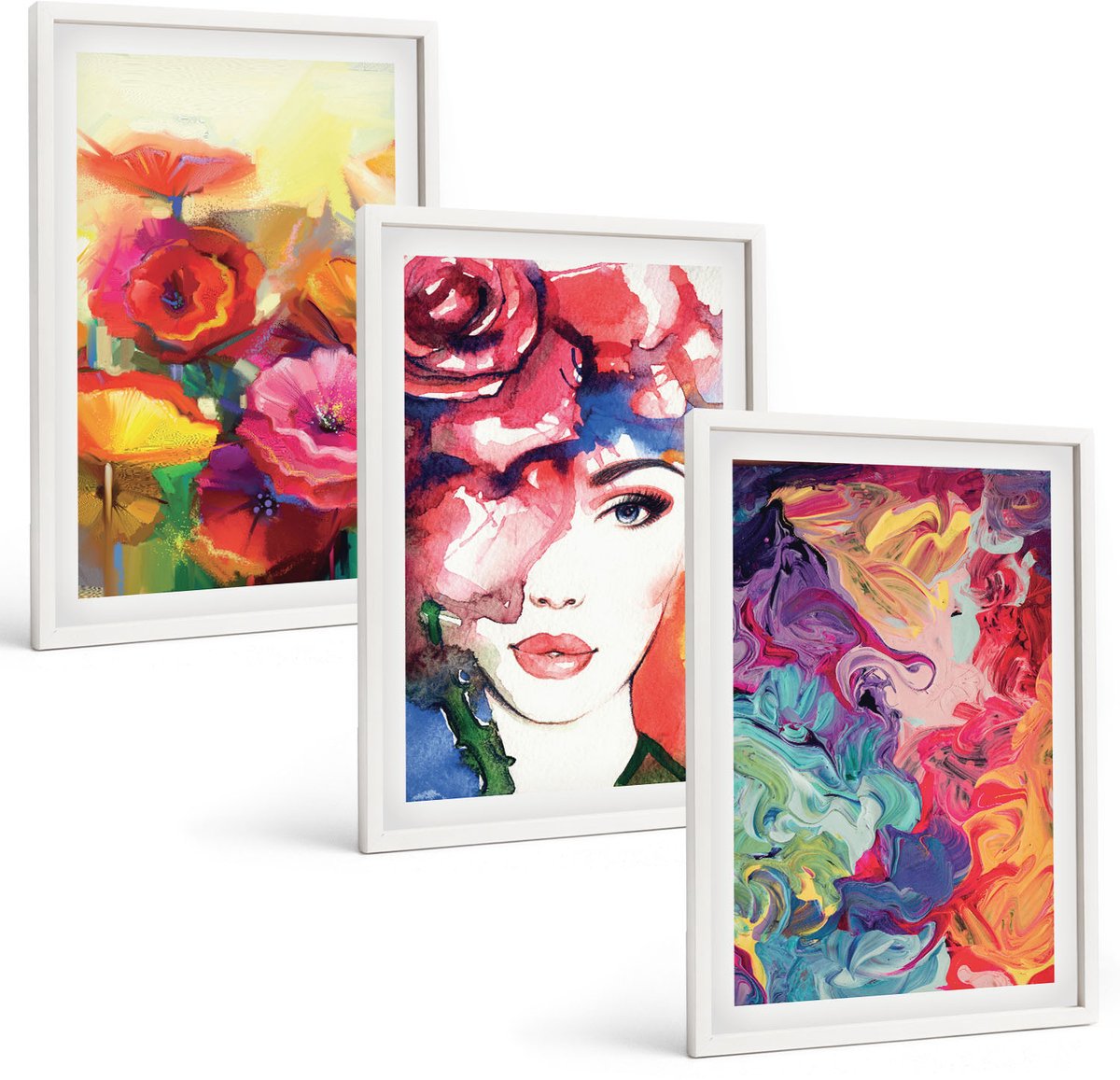 Tulup 3-Delige Schilderij Set - Bloemen in intense kleuren Portret van een vrouw Abstract - 40x60 - Muurdecoratie - Schilderijen Set - Woonkamer - Wanddecoratie