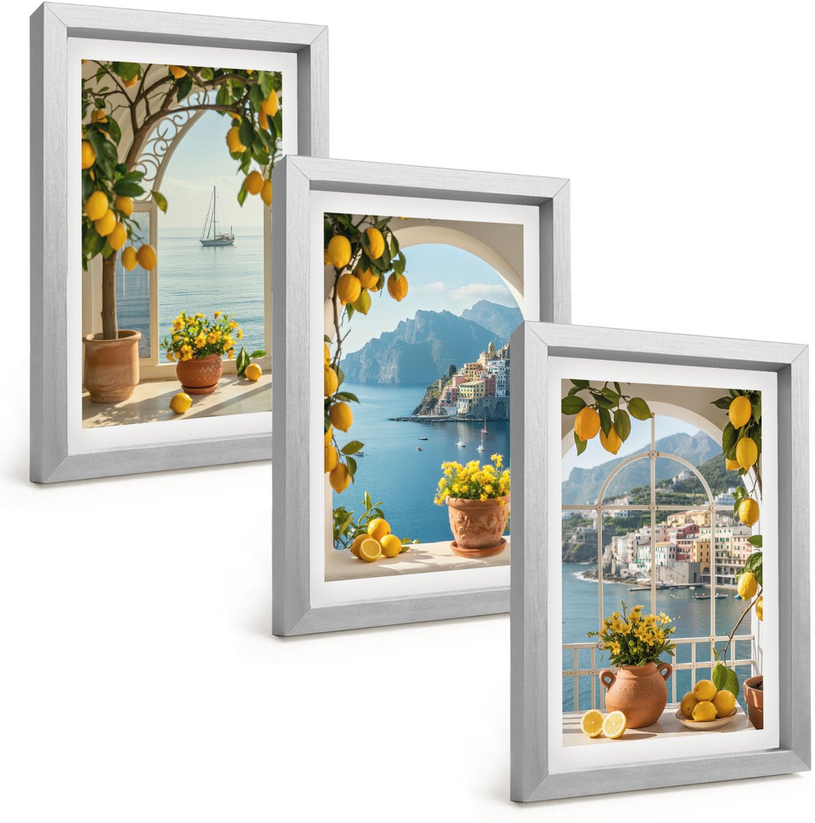 Tulup 4-Delige Schilderij Set - Citroenen en bloemen in potten in een kustplaats - 20 x 30 cm - Wanddecoratie - Schilderijen Set - Kantoor - Muurdecoratie