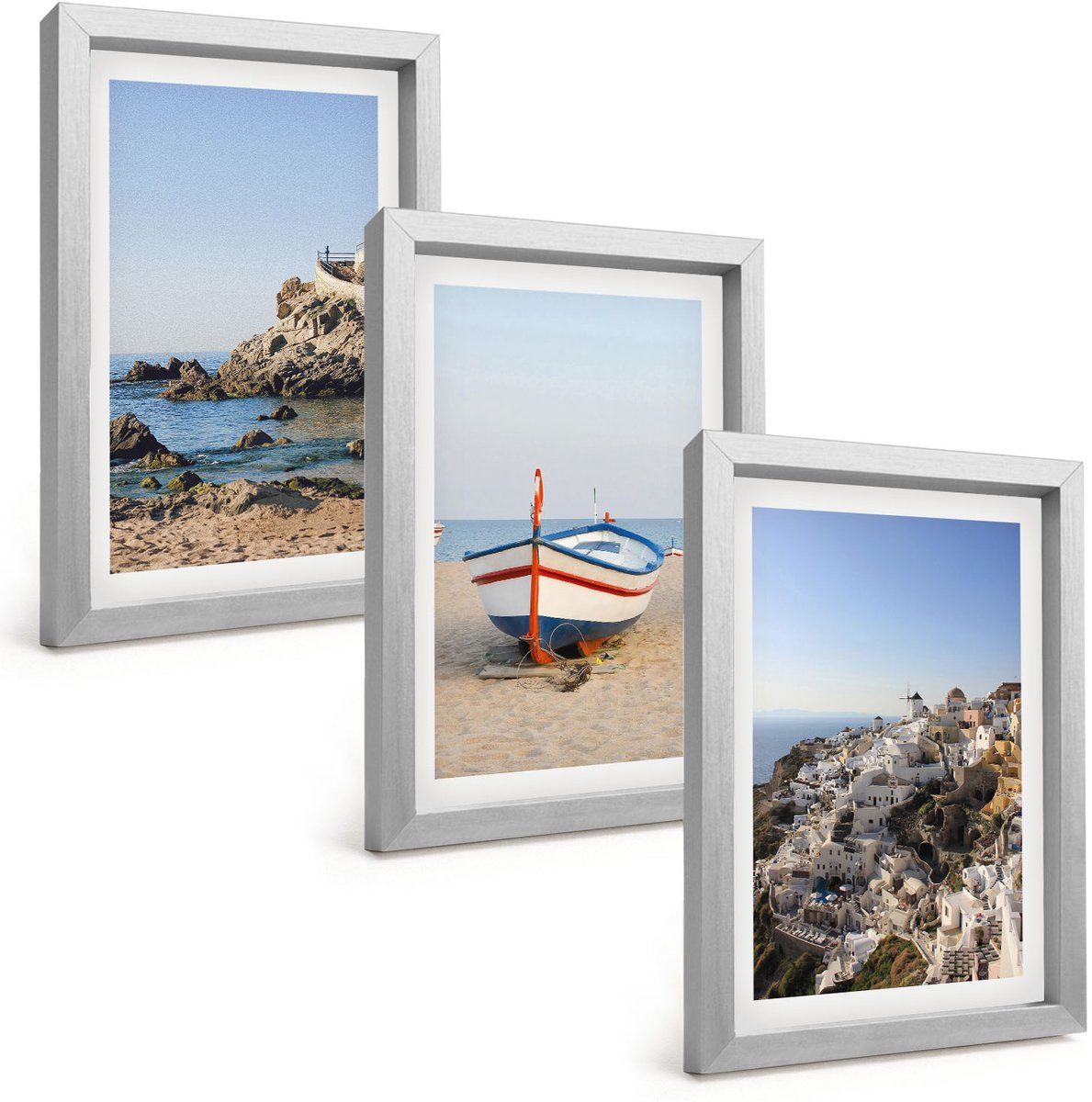 Tulup 4-Delige Schilderij Set - Uitzicht op zee met boten en witte huizen in Griekenland - 20 x 30 cm - Muurdecoratie - Schilderijen Set - Woonkamer - Woonkamer Decoratie