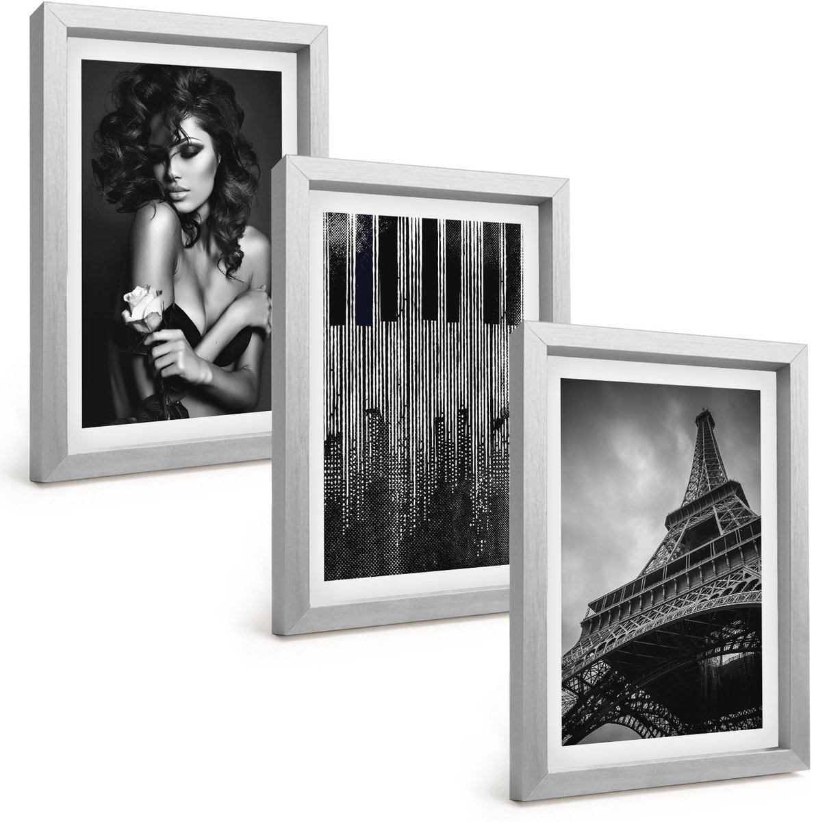 Tulup 4-Delige Schilderij Set - Portret van een vrouw met een roos, de Eiffeltoren en een pianopatroon - 20 x 30 cm - Schilderijen Set - Wanddecoratie - Woonkamer