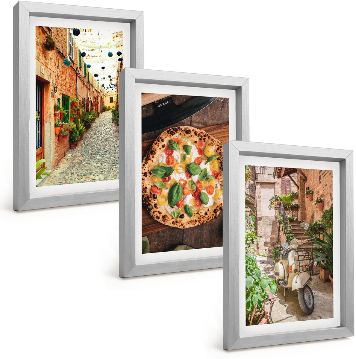 Tulup 4-Delige Schilderij Set - Sfeervolle straatjes met planten en Italiaanse pizza. - 20 x 30 cm - Stijlvolle Wanddecoratie - Interieur - Interieur Decoratie