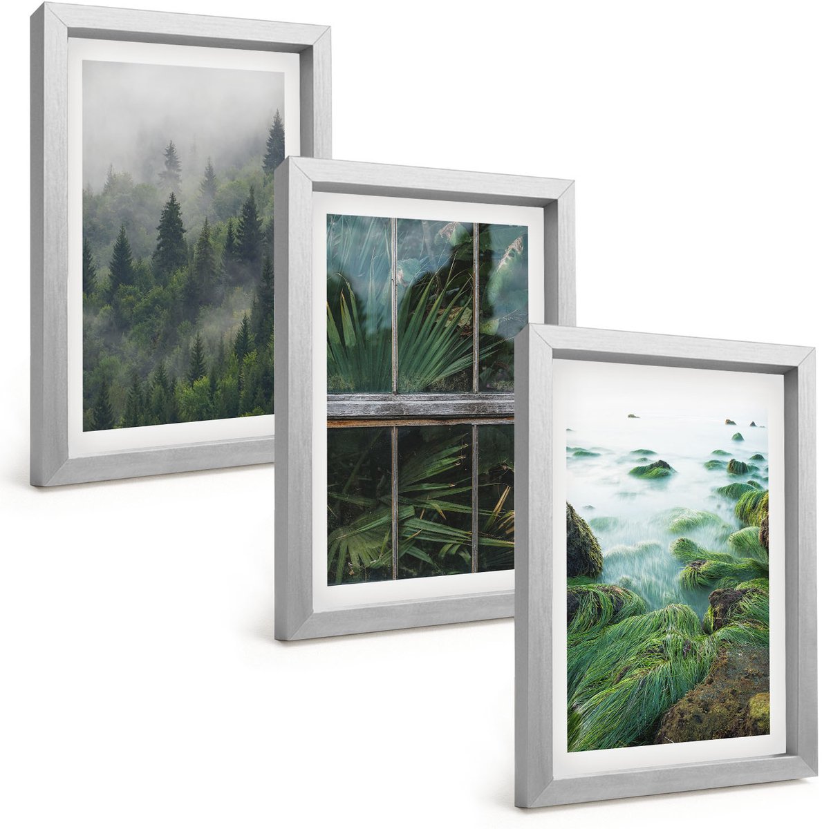 Tulup 4-Delige Schilderij Set - Bos in de mist, rivieroever en kas met planten - 20 x 30 cm - Wanddecoratie - Muurdecoratie - Woonkamer