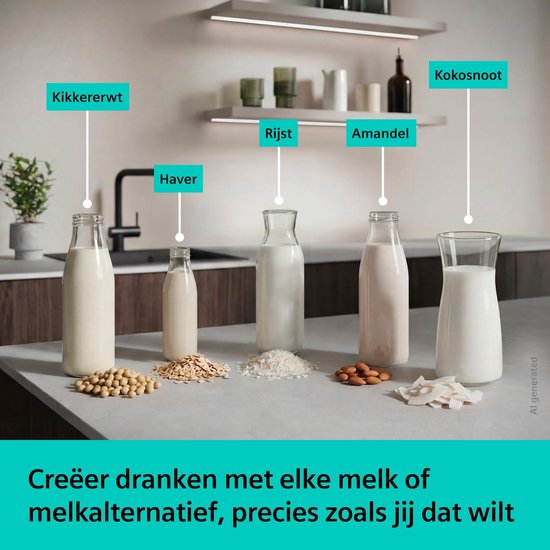 Flessen met plantaardige melk: kikkererwt, haver, rijst, amandel, kokosnoot, met ingrediënten ernaast. "Creëer dranken met elke melk of melkalternatief, precies zoals jij dat wilt."