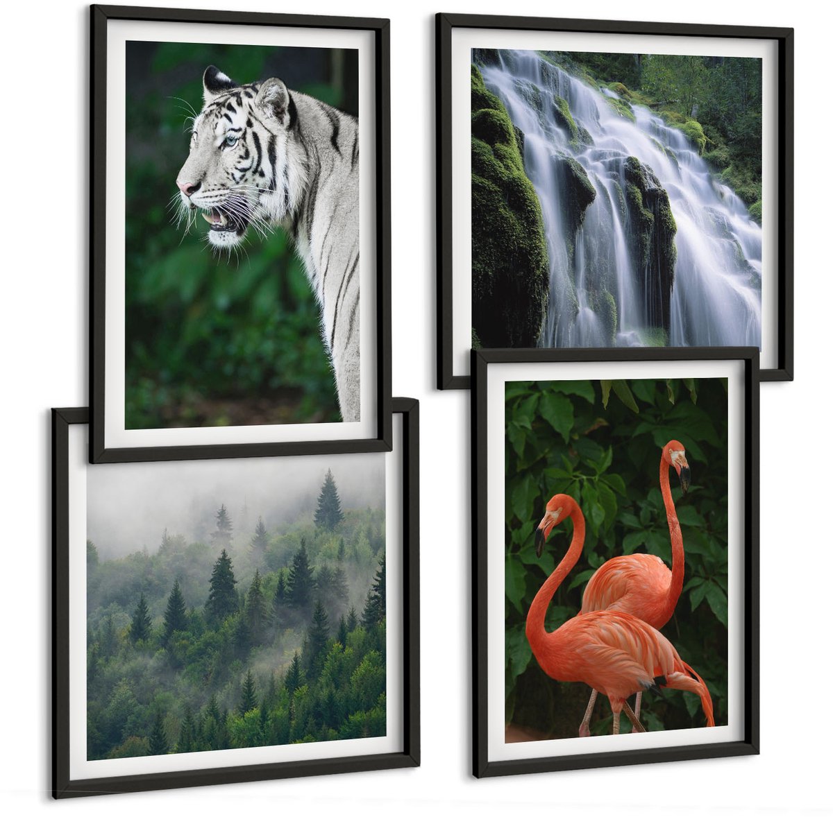 Tulup 4-Delige Schilderij Set - Tijgerwaterval en roze flamingo's in de natuur - 40 x 40 cm en 40 x 60 cm - Wanddecoratie - Schilderijen Set - Interieur - Decoratieve Schilderijen