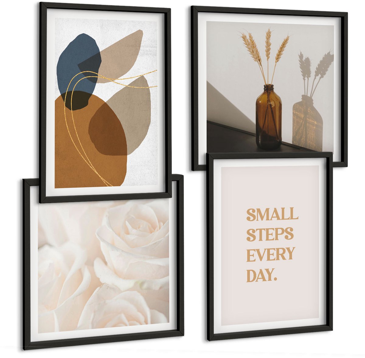 Tulup 4-Delige Schilderij Set - Abstracte vormen en natuurlijke accenten inbegrepen - 40 x 40 cm en 40 x 60 cm - Muurdecoratie - Decoratieve Schilderijen - Wohnzimmer - Interieur Decoratie