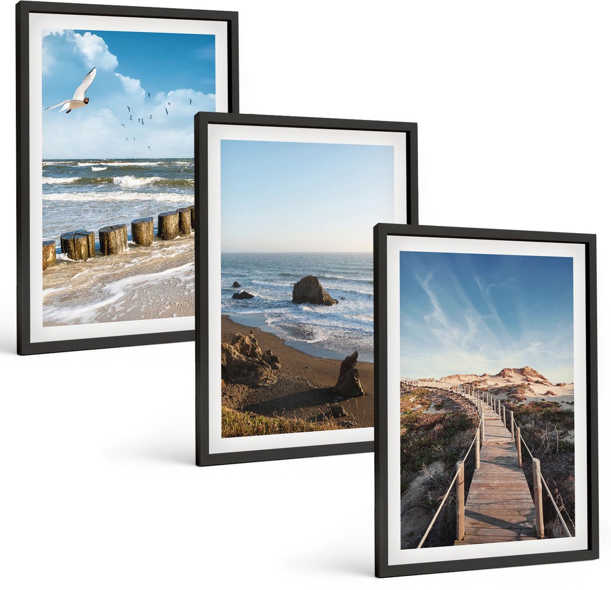 Tulup 4-Delige Schilderij Set - Uitzicht op het strand met golven, de lucht en een wandelpier. - 40 x 60 cm - Wanddecoratie - Moderne Interieurdecoratie - Decoratieve Schilderijen