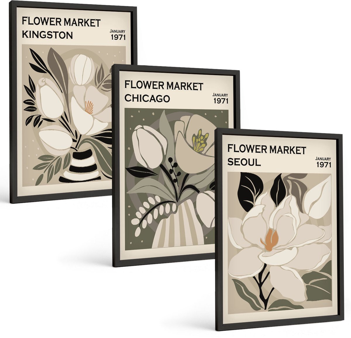 Tulup 4-Delige Schilderij Set - Bloemen van de markten van Kingston, Chicago en Seoul in een retrostijl. - 40 x 60 cm - Wanddecoratie - Muurdecoratie - Moderne Interieurdecoratie - Stijlvolle Muurdecoratie