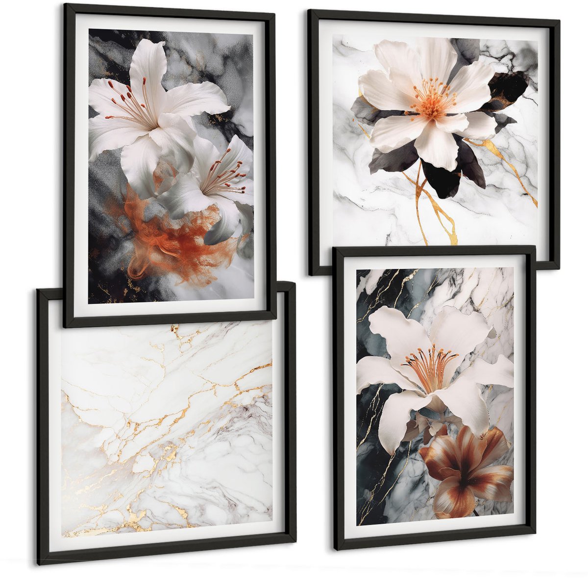 Tulup 4-Delige Schilderij Set - Bloemen op een marmeren achtergrond in wit- en zwarttinten. - 40 x 40 cm en 40 x 60 cm - Stijlvolle Muurdecoratie - Slaapkamer - Woonkamer Decoratie