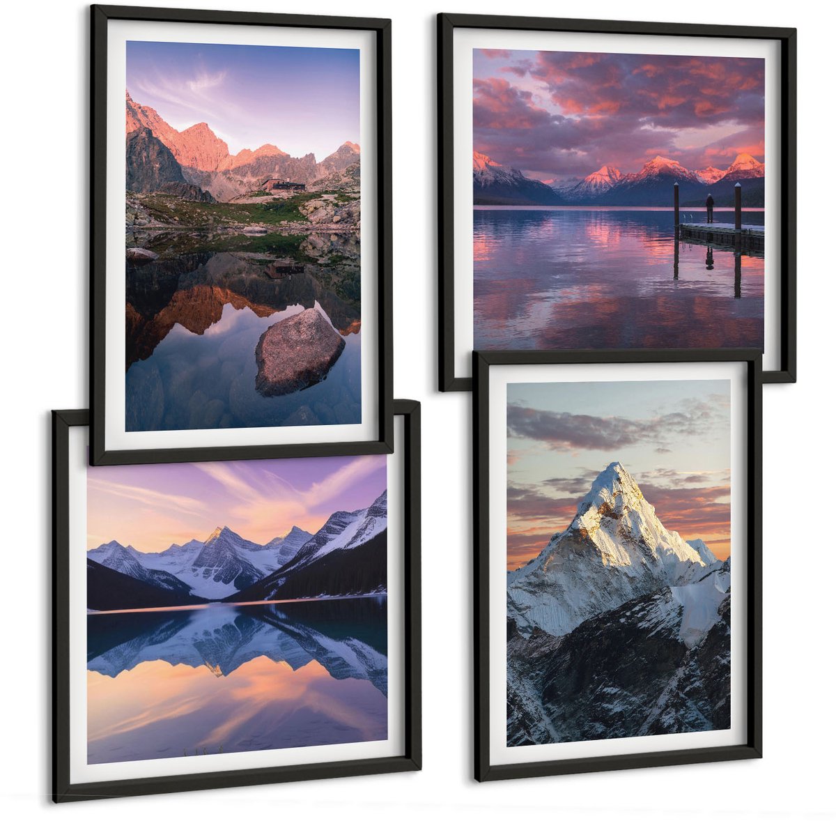 Tulup 4-Delige Schilderij Set - Berglandschappen met water en rotsen op de achtergrond. - 40 x 40 cm en 40 x 60 cm - Schilderijen Set - Wanddecoratie - Woonkamer - Stijlvolle Muurdecoratie