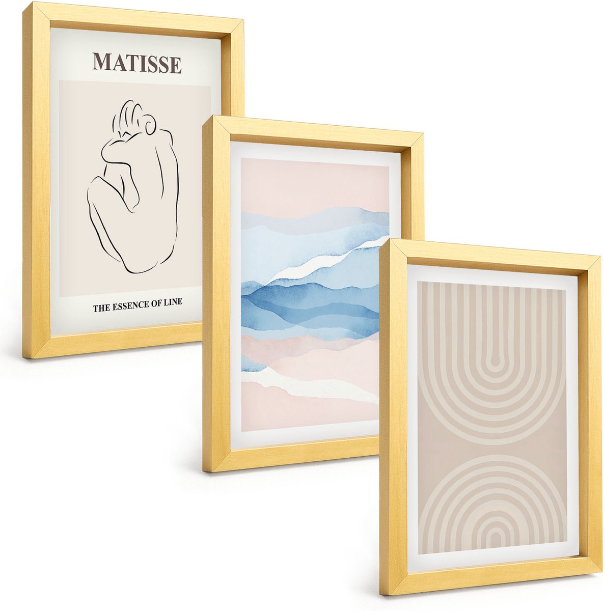TULUP 4-Delige Schilderij Set - Lijnen en golven in pasteltinten met een minimalistisch accent. - 20 x 30 cm - Muurdecoratie - Schilderijen Set - Woonkamer - Interieur Decoratie Gouden lijst