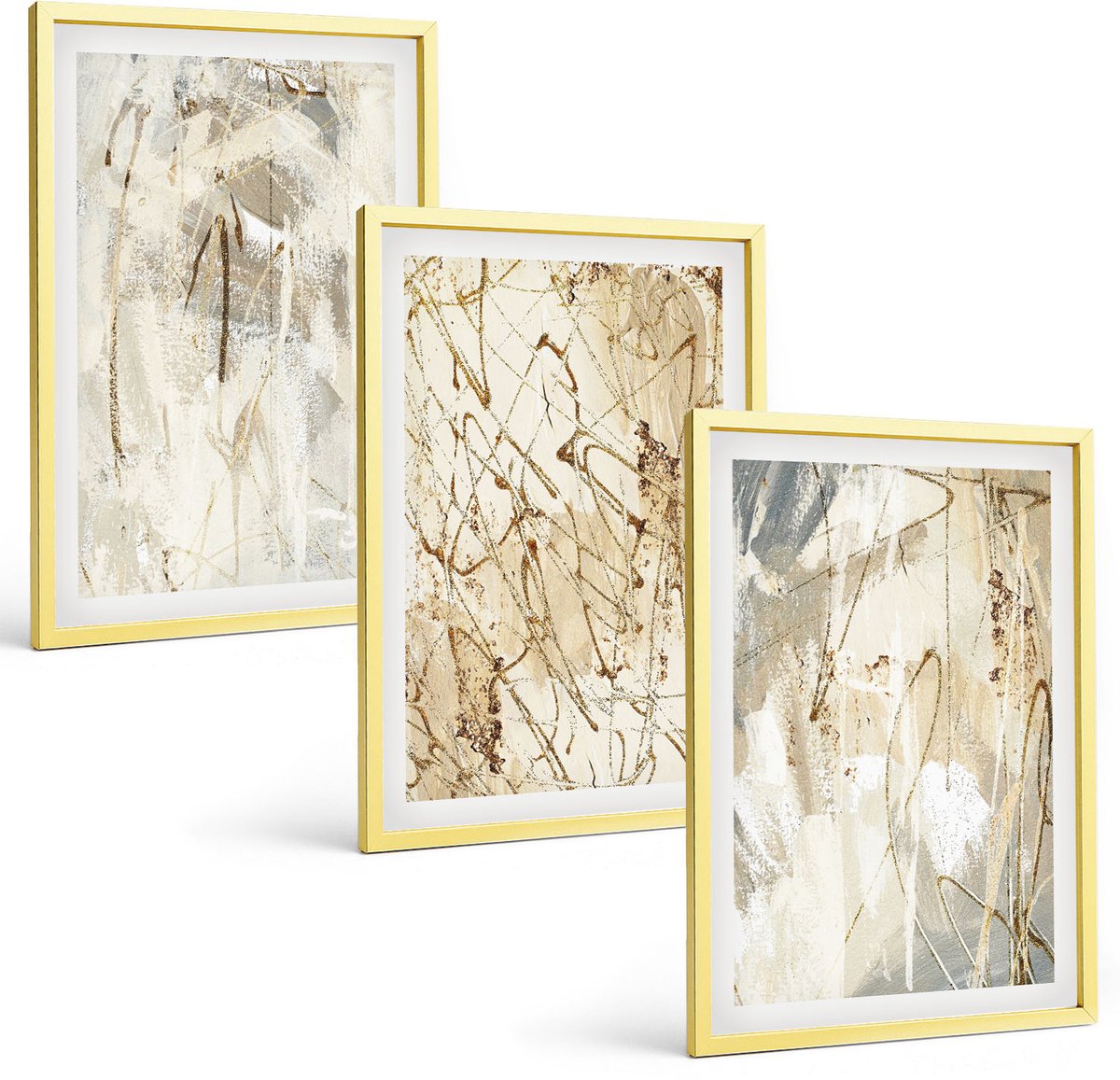 TULUP 4-Delige Schilderij Set - Abstracte patronen in beige en grijze tinten. - 40 x 60 cm - Decoratieve Muurdecoratie - Slaapkamer - Moderne Wanddecoratie Gouden lijst